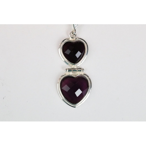 260 - Silver heart shaped amethyst double drop pendant necklace