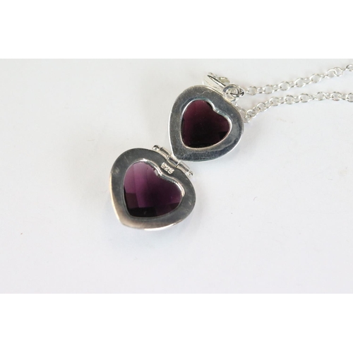 260 - Silver heart shaped amethyst double drop pendant necklace