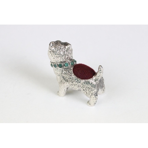 261 - Silver dog pincushion with ruby eyes and emerald collar