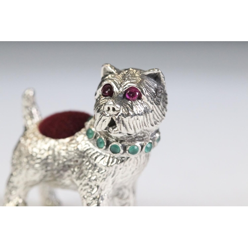 261 - Silver dog pincushion with ruby eyes and emerald collar