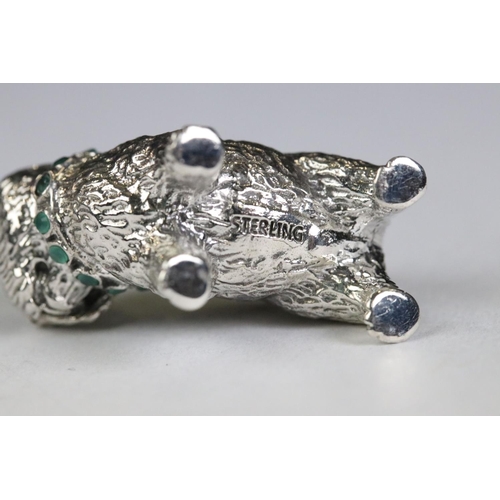 261 - Silver dog pincushion with ruby eyes and emerald collar