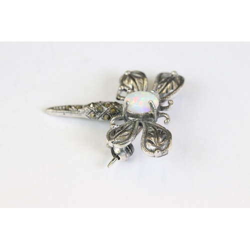 264 - Silver and marcasite dragonfly brooch with opal cabochon