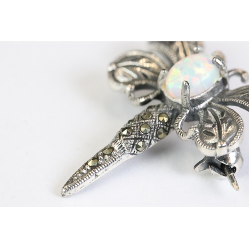 264 - Silver and marcasite dragonfly brooch with opal cabochon