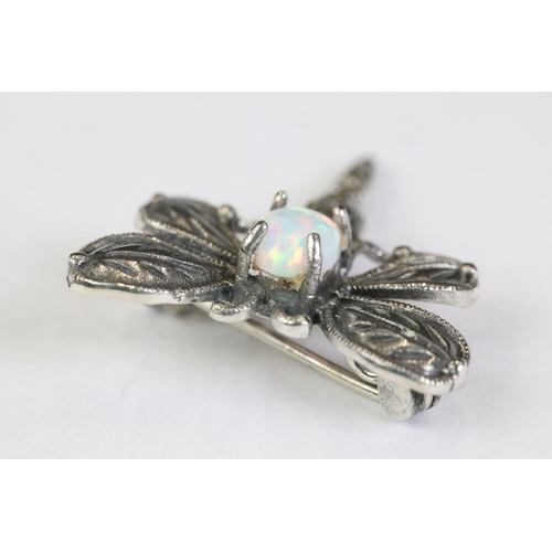 264 - Silver and marcasite dragonfly brooch with opal cabochon