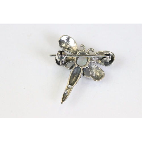 264 - Silver and marcasite dragonfly brooch with opal cabochon