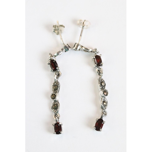 265 - Pair of silver, marcasite & garnet drop earrings