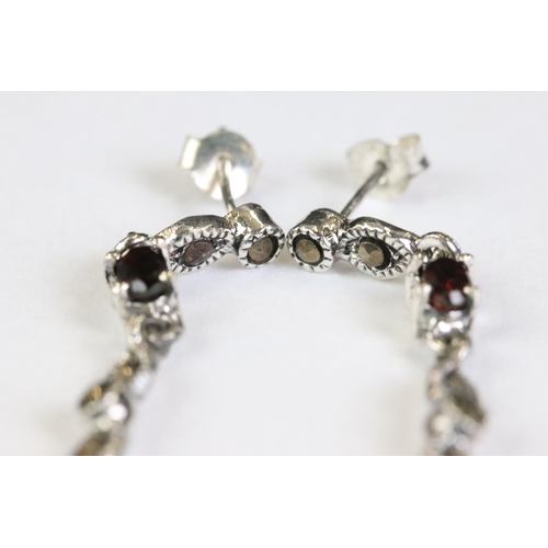 265 - Pair of silver, marcasite & garnet drop earrings