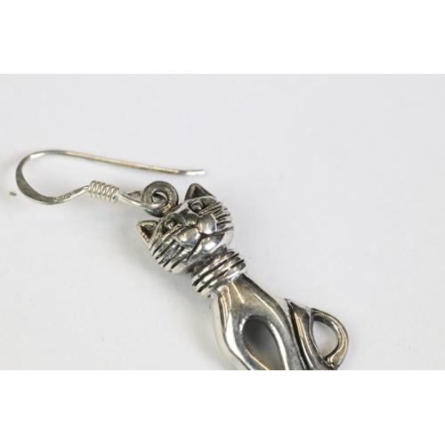 266 - Pair of silver cat drop earrings