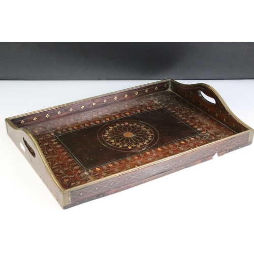 395 - A small group of mixed collectables to include a wooden serving tray with inlayed decoration, brassw... 