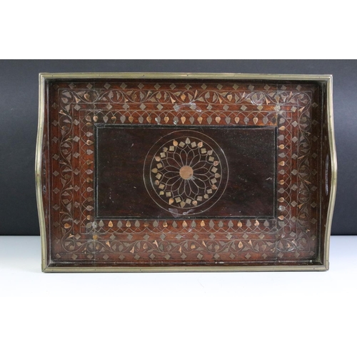 395 - A small group of mixed collectables to include a wooden serving tray with inlayed decoration, brassw... 