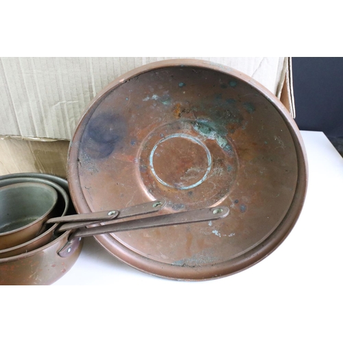 413 - Large collection of Copper including Swiss Copper Escargot Pan, Three Graduating Saucepans and Two f... 