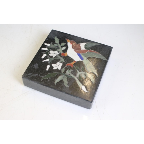 433 - Marble Pietra Dura Panel decorated with a bird, 10cm wide together with Three Specimen Marble Polish... 