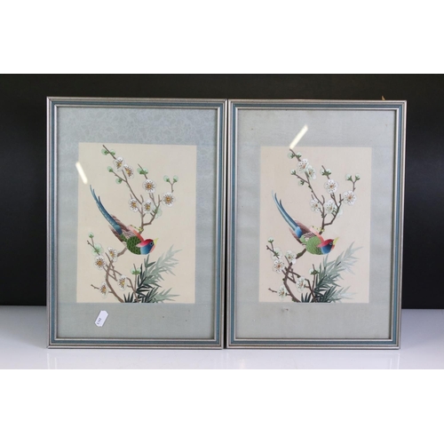 450 - Two Framed, Glazed and Mounted Taxidermy Butterflies together with Two matching Chinese Embroideries... 