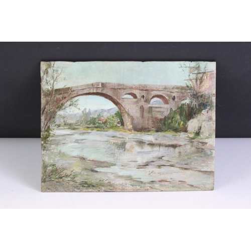 466 - Four scenic oil paintings on panel board & canvas, to include Ponte Medici Florence, a canvas view w... 