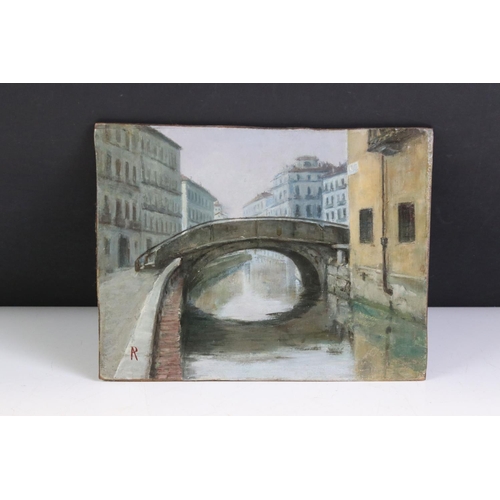 466 - Four scenic oil paintings on panel board & canvas, to include Ponte Medici Florence, a canvas view w... 