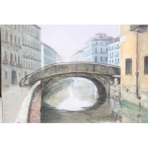 466 - Four scenic oil paintings on panel board & canvas, to include Ponte Medici Florence, a canvas view w... 