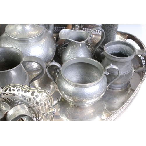 453 - Mixed lot of Silver Plate and Pewter including Tudric Pewter Hammered Tray, Hammered Vase and Tankar... 