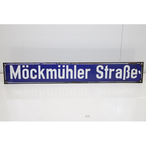 135 - Early to Mid 20th century German Blue ground Enamel Street Sign ' Mockmuhler Strabe ', 95cm long