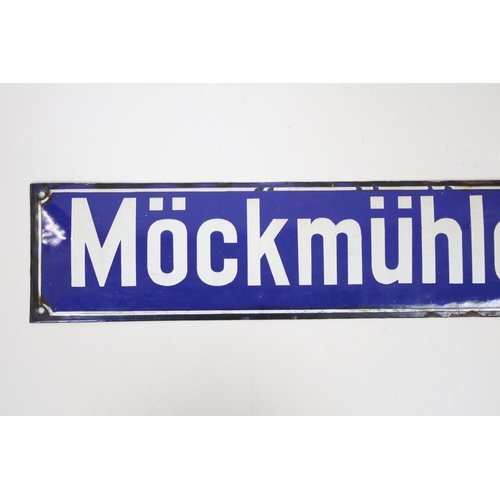 135 - Early to Mid 20th century German Blue ground Enamel Street Sign ' Mockmuhler Strabe ', 95cm long