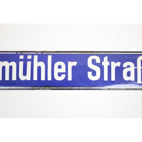 135 - Early to Mid 20th century German Blue ground Enamel Street Sign ' Mockmuhler Strabe ', 95cm long