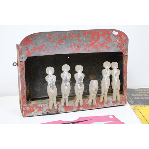 444 - Mid 20th century Fairground Shooting Range Target with six figures set within a red metal case., 46c... 