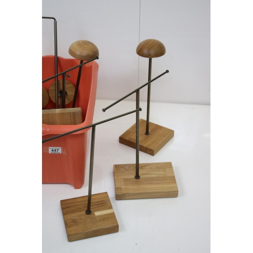 447 - Twelve Shop Display Adjustable Hat / Wig Stands, some with oak mushroom tops and all with square oak... 