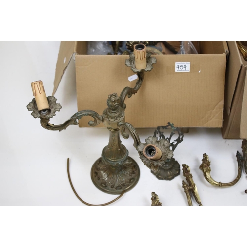 454 - Collection of Gilt Metal Light Fittings including Pair of Rococo style Three Branch Table Lamps, Pai... 