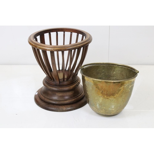 537 - 19th century Mahogany Coal Bucket / Jardiniere with slatted sides and circular plinth base, brass li... 