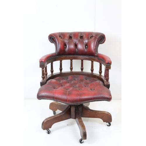 550 - Victorian style Red Button Leather Upholstered Swivel Office Elbow Chair, 63cm wide x 80cm high