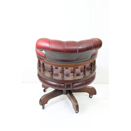 550 - Victorian style Red Button Leather Upholstered Swivel Office Elbow Chair, 63cm wide x 80cm high