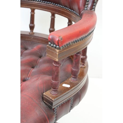 550 - Victorian style Red Button Leather Upholstered Swivel Office Elbow Chair, 63cm wide x 80cm high