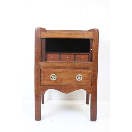 580 - George III Mahogany Night Stand with three-quarter gallery, tambour door to cupboard with three smal... 