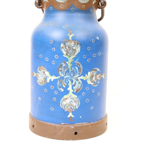 129 - Vintage Metal Milk Churn / Stick Stand, hand painted with flowers on a blue ground, 50cm high