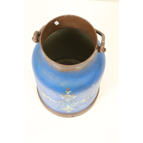 129 - Vintage Metal Milk Churn / Stick Stand, hand painted with flowers on a blue ground, 50cm high