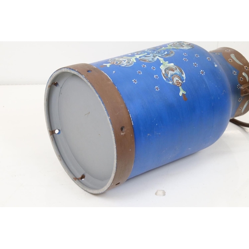 129 - Vintage Metal Milk Churn / Stick Stand, hand painted with flowers on a blue ground, 50cm high