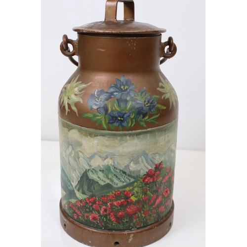 130 - Vintage Metal Milk Churn with lid / Stick Stand, hand painted with red flowers in a field with mount... 