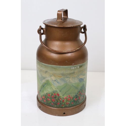 130 - Vintage Metal Milk Churn with lid / Stick Stand, hand painted with red flowers in a field with mount... 