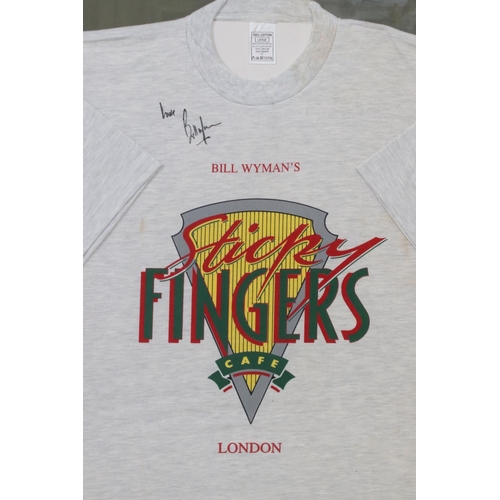 146 - Framed, Glazed and Mounted Signed Bill Wyman's of the Rolling Stone ' Sticky Fingers Cafe ' Grey T-s... 