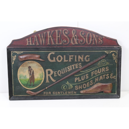 473 - Painted Wooden Relief Reproduction Advertising Sign ' Hawkes & Sons Golfing Requisites for Gentlemen... 