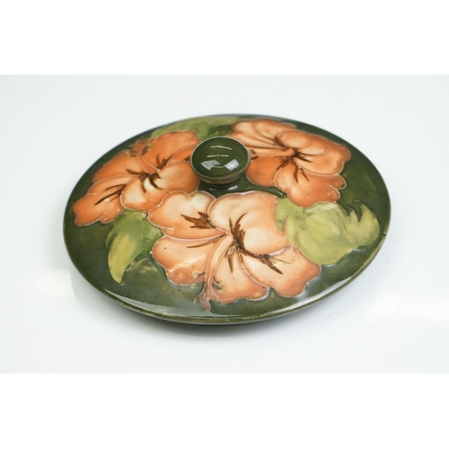 16 - Moorcroft Pottery ' Coral Hibiscus ' green ground pierced powder bowl & cover, paper label to lid, 1... 