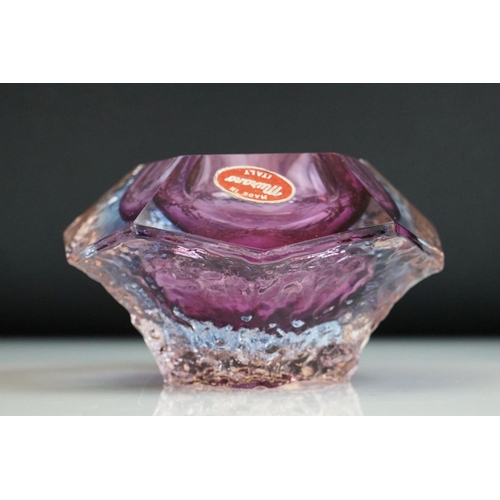 27 - Two Murano textured glass ashtrays to include a faceted geometric example in an amethyst colourway (... 