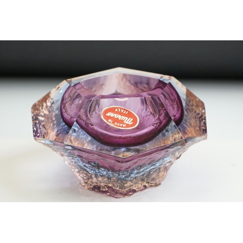 27 - Two Murano textured glass ashtrays to include a faceted geometric example in an amethyst colourway (... 