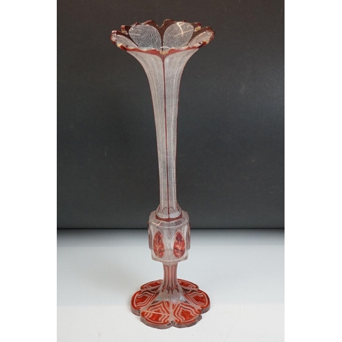 37 - 19th century Bohemian Red Overlaid Glass Slender Vase of trumpet form, 33cm high together with Fligh... 