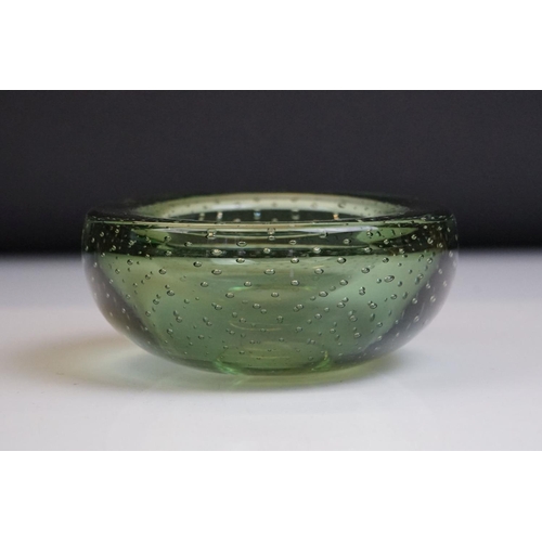 38 - Whitefriars Green Glass Bubble Control Lipped Bowl, 10cm diameter together with two Red Glass Bowls