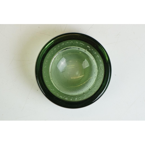 38 - Whitefriars Green Glass Bubble Control Lipped Bowl, 10cm diameter together with two Red Glass Bowls