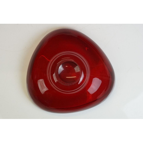 38 - Whitefriars Green Glass Bubble Control Lipped Bowl, 10cm diameter together with two Red Glass Bowls