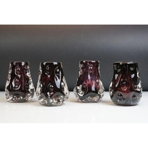 39 - Four Liskeard Glass Amethyst Knobbly Vases, 14cm high