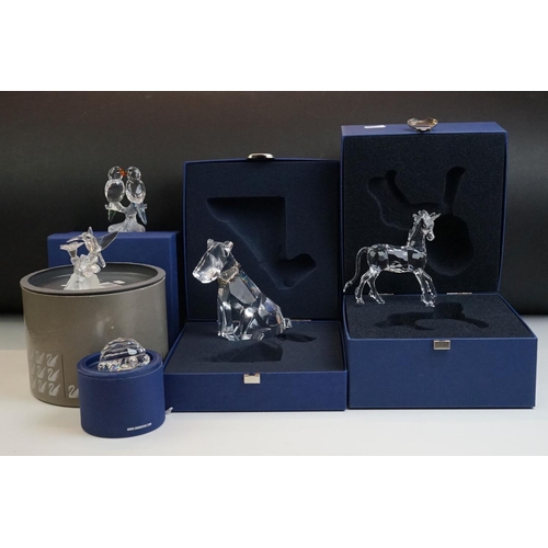 47 - Five Boxed items of Swarovski including Airedale Terrier 289202, Standing Unicorn 630119, Budgies 68... 