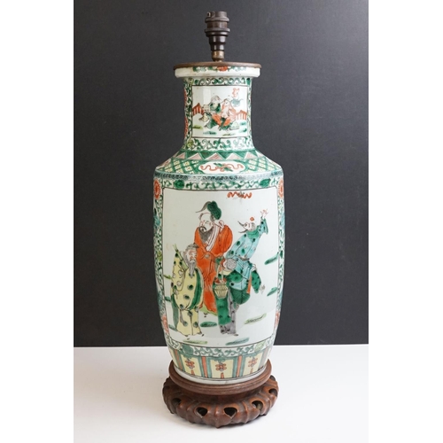 49 - Chinese Porcelain Famille Verte Table Lamp of Rouleau form, decorated with panels of figures, with w... 