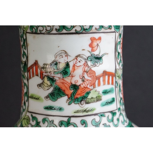 49 - Chinese Porcelain Famille Verte Table Lamp of Rouleau form, decorated with panels of figures, with w... 